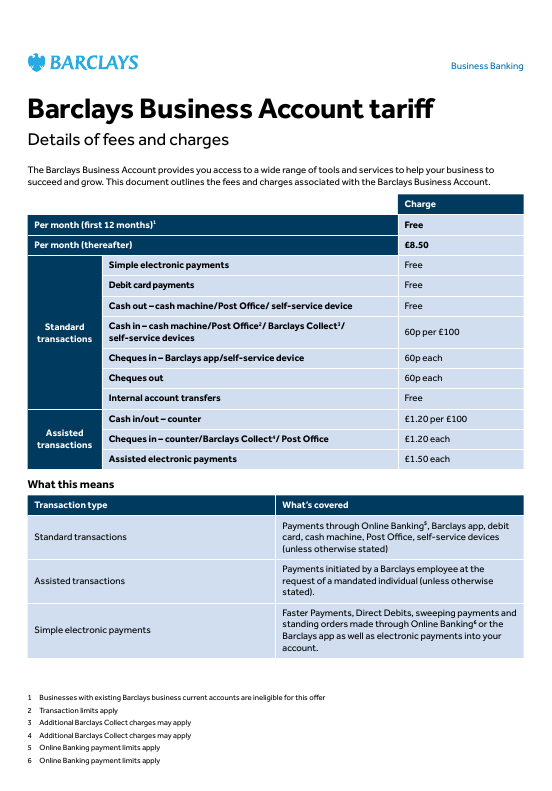 First page of Barclays' published business banking tariff document